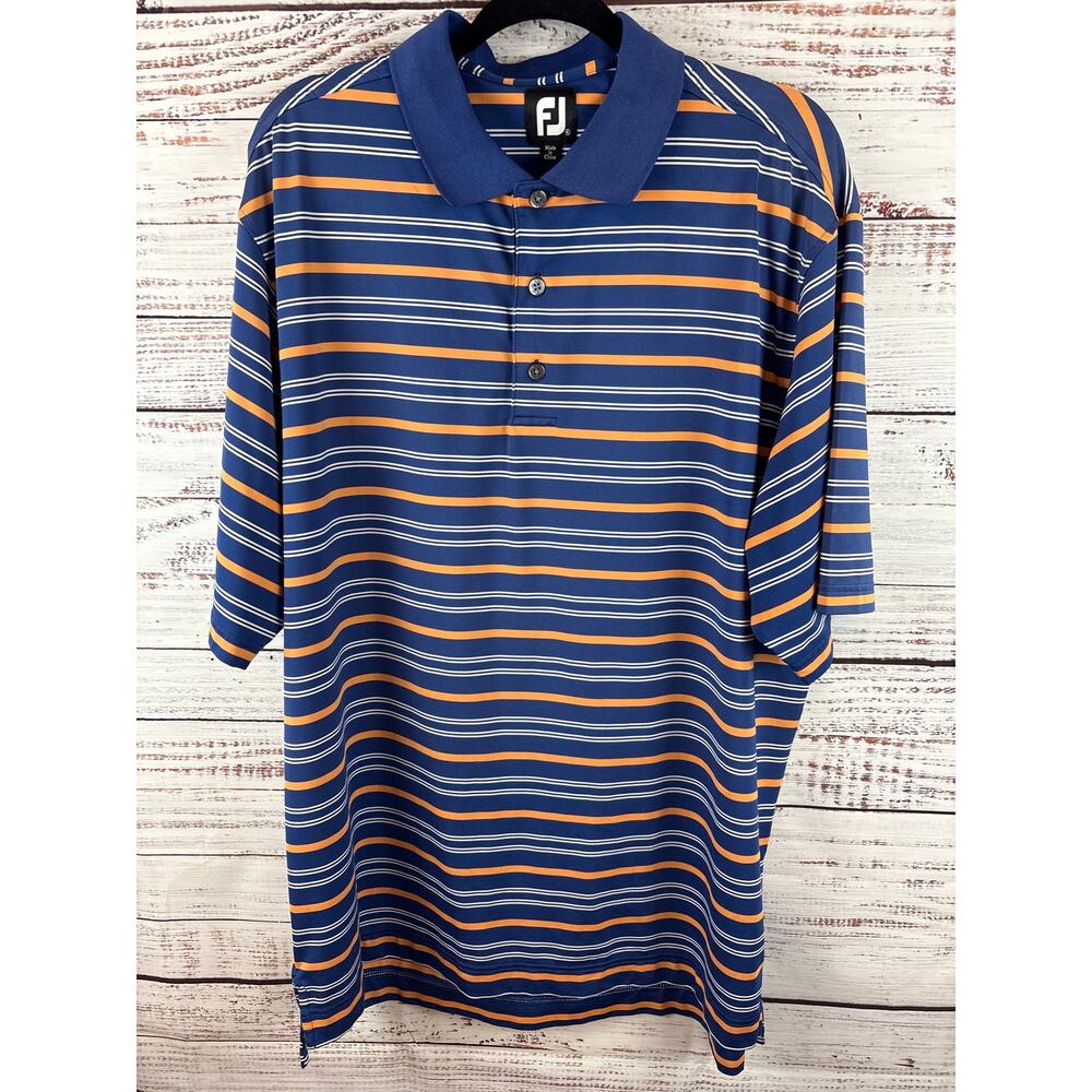 Mens FootJoy Blue Gold Stripe Golf Polo Short Sleeve Performance Wicking Size XL